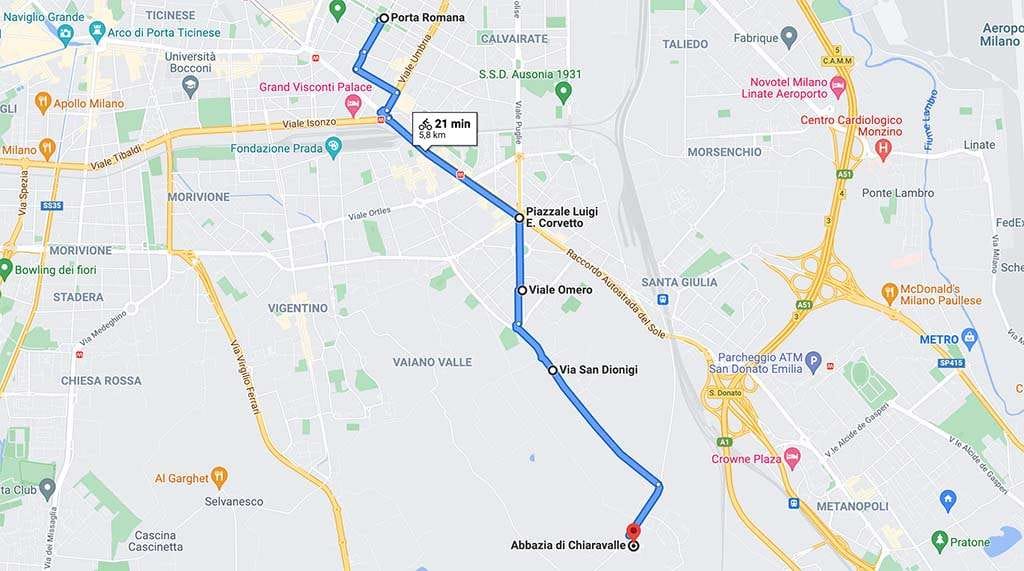 Mappa ciclabile - Percorso da Milano Porta Roma a Abbazia di Chiaravalle